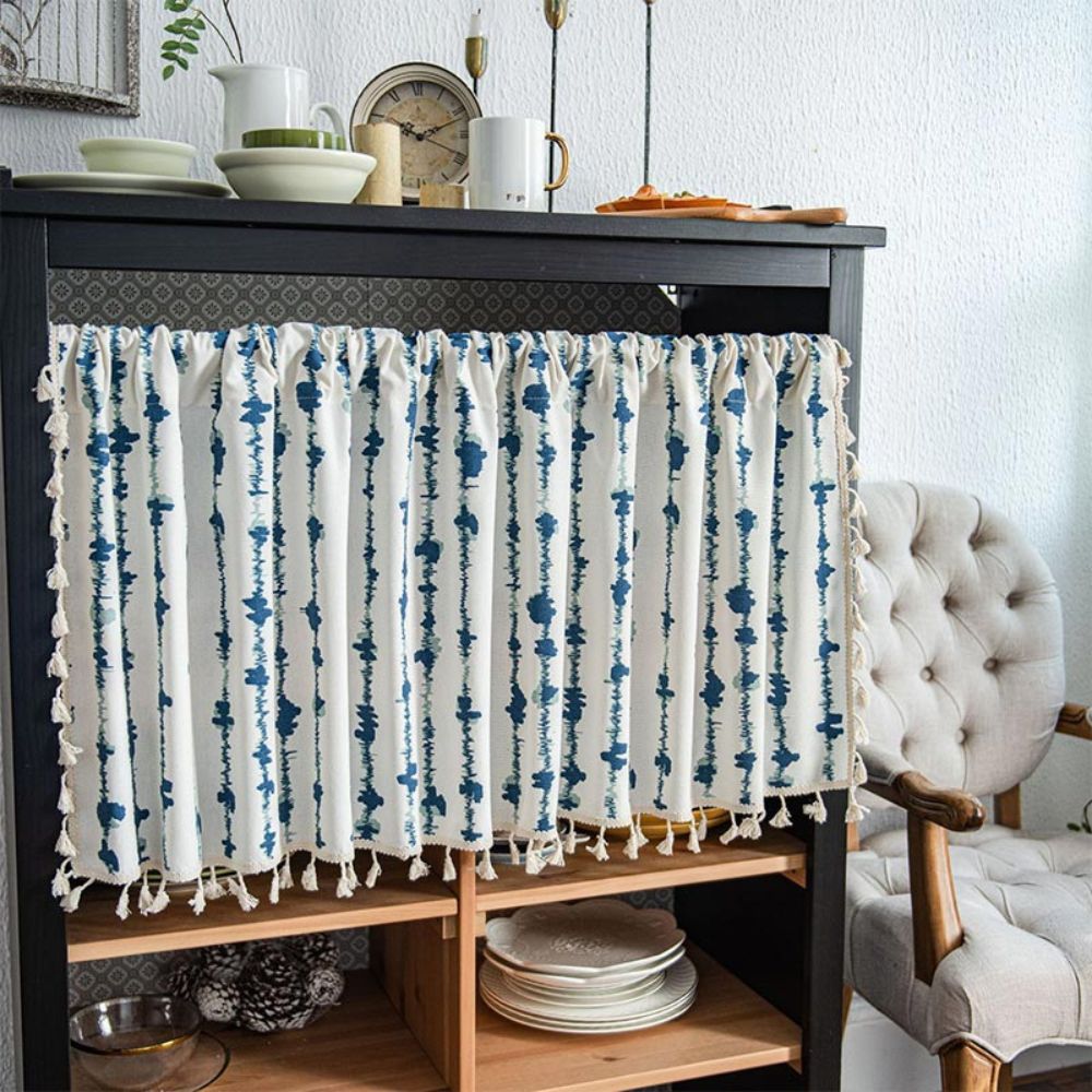 Rideau de placard bleu à pompons motif taches d'encre – W59"xH17"