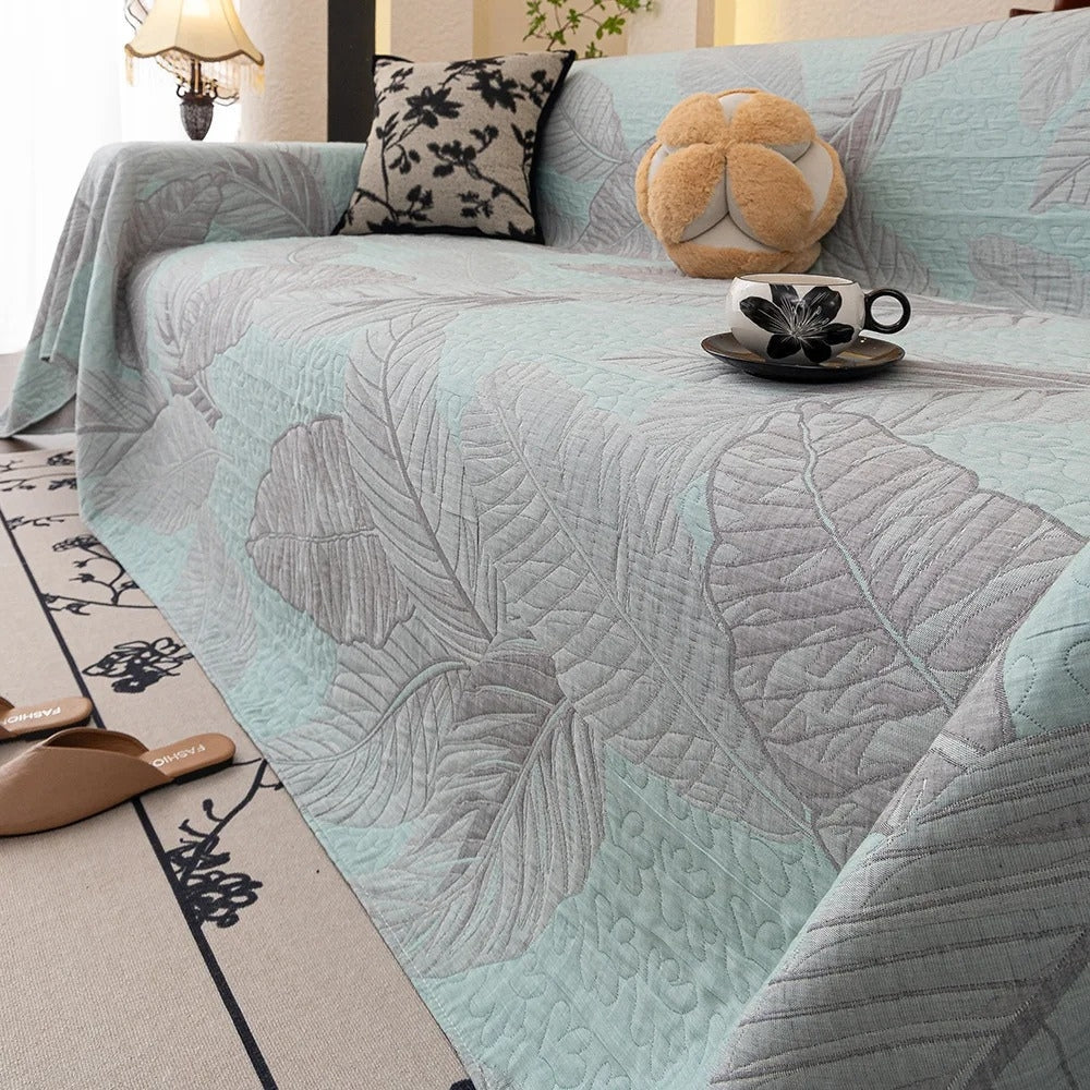 Housse de canapé en gaze motif feuilles – Misty Aqua
