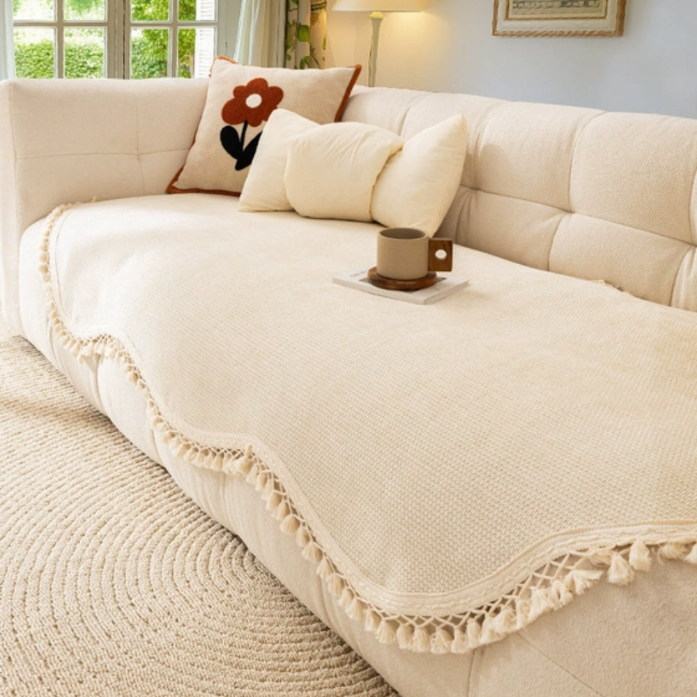 Housse de canapé en chenille texturée à pompons – Crème Elegance