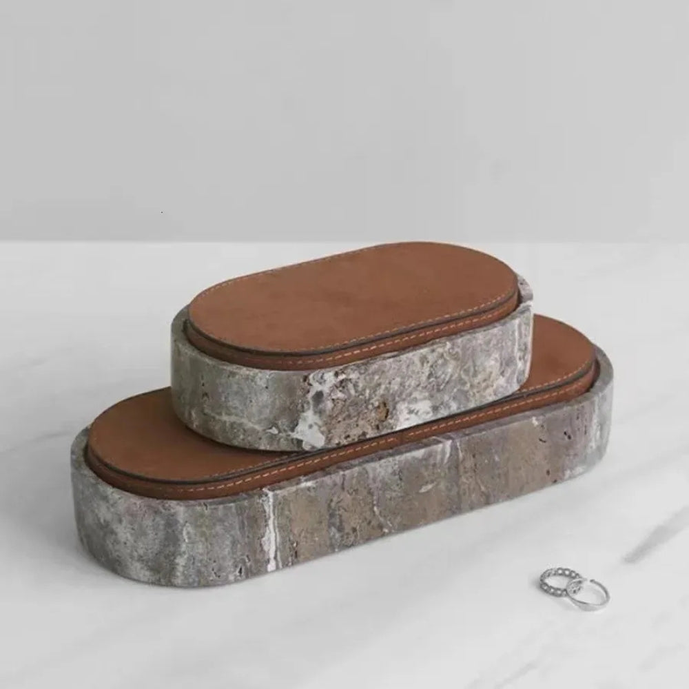 Boîte à bijoux en marbre à couvercle cuir