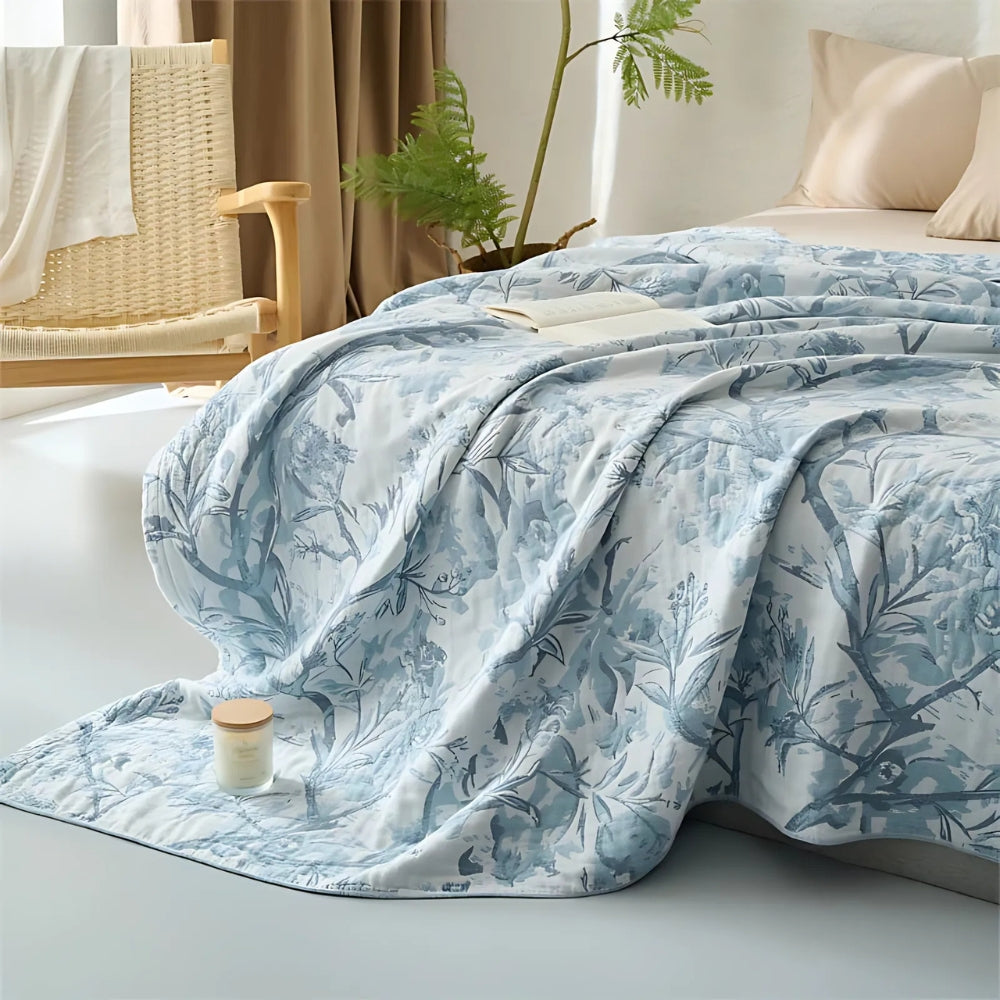 Plaid en coton fleuri Mirel toutes saisons – Bleu Thistle