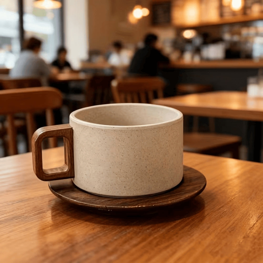Mug moderniste en céramique et bois