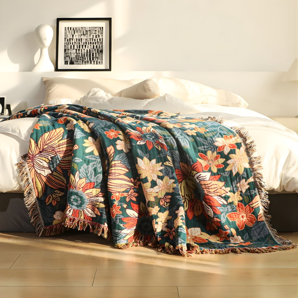 Plaid en coton fleuri à pompons – 59"x79"