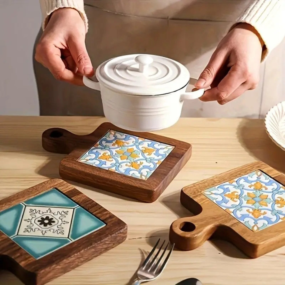 Dessous-de-plat en bois d'ébène motif marocain – Petal Bleu