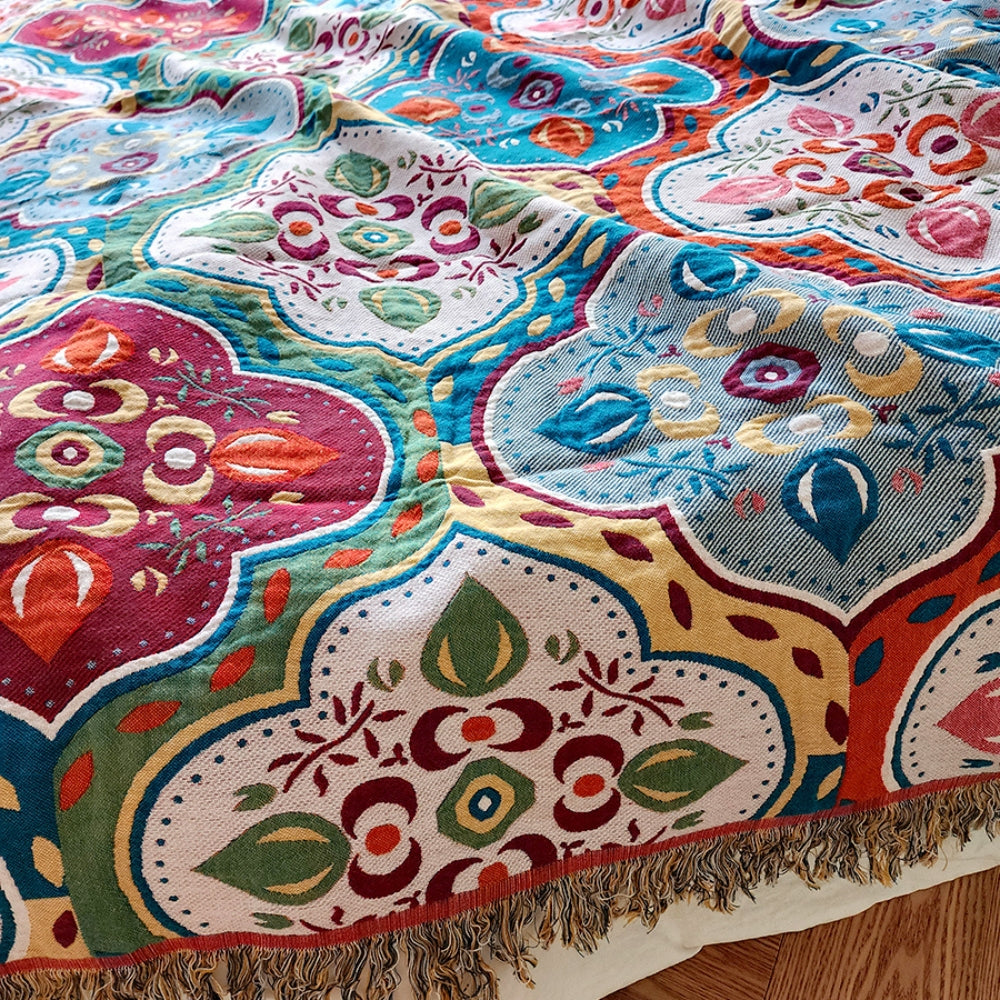 Plaid en coton à pompons mosaïque marocaine