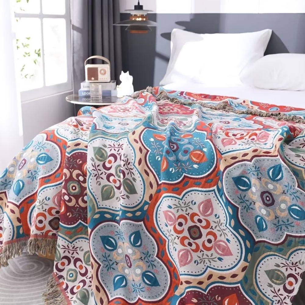 Plaid en coton à pompons mosaïque marocaine