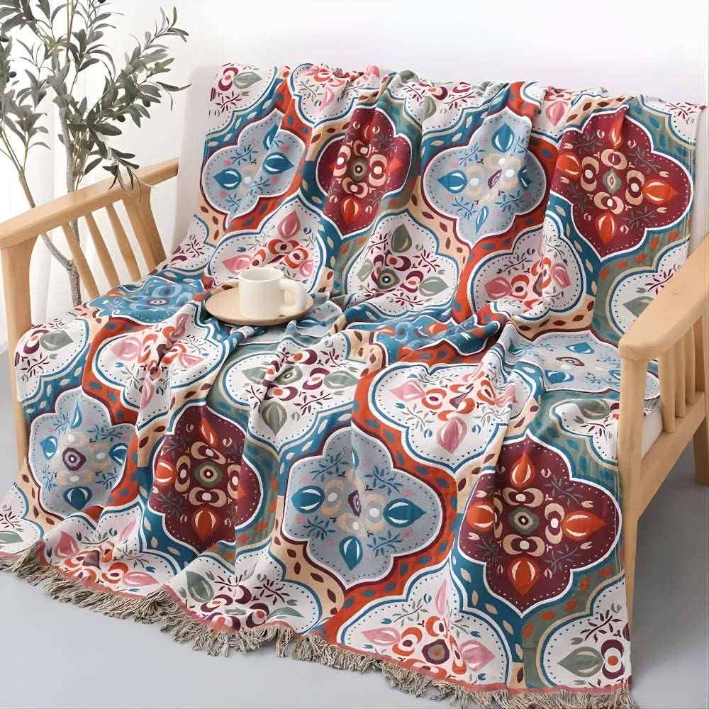 Plaid en coton à pompons mosaïque marocaine