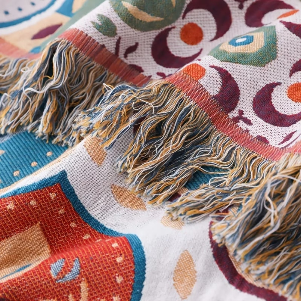 Plaid en coton à pompons mosaïque marocaine