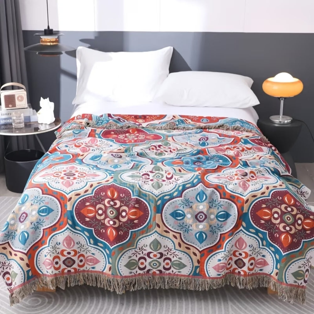 Plaid en coton à pompons mosaïque marocaine – 59"x79"