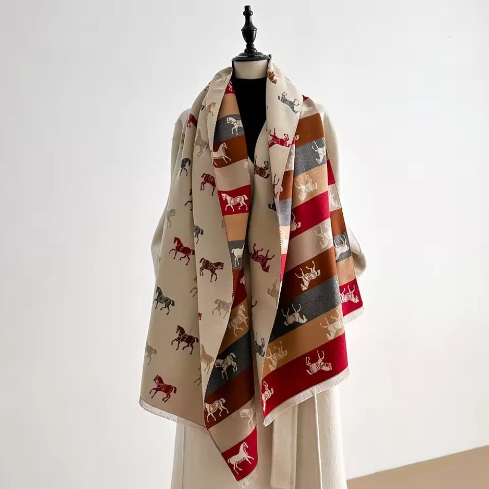 Écharpe-châle motif chevaux – Rose poudré Tone