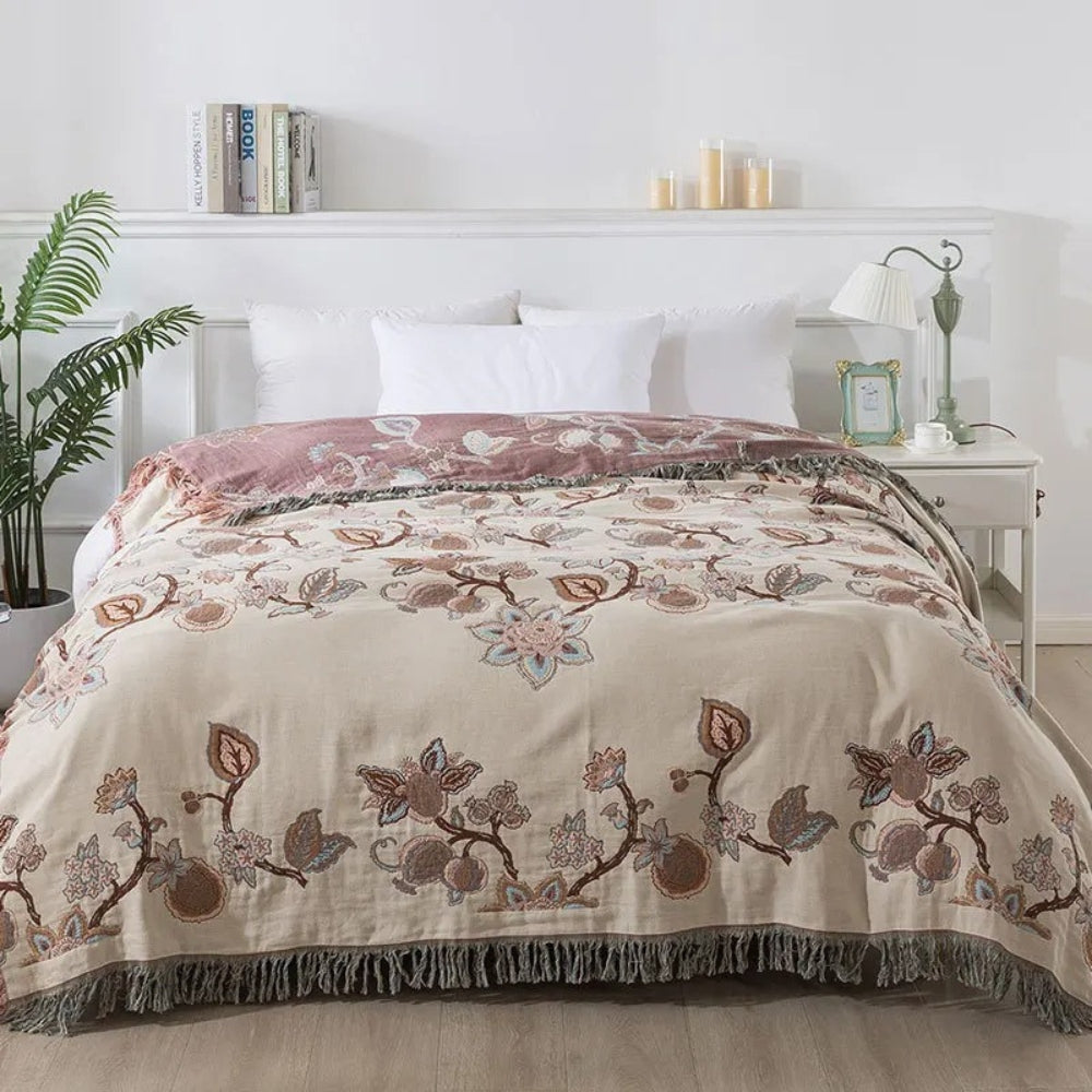 Plaid de lit en coton à pompons Orchid Trail – Dusty Rose Bloom