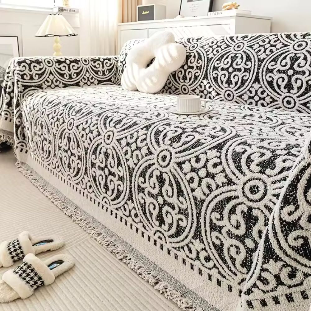Housse de canapé jacquard ornementale – Ivoire Noir