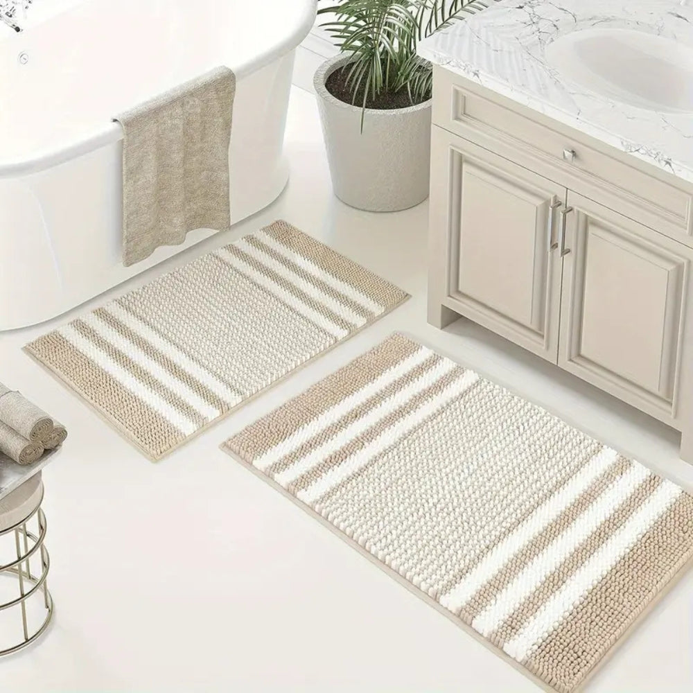 Tapis de bain en chenille rayée maille galet – Gris foncé