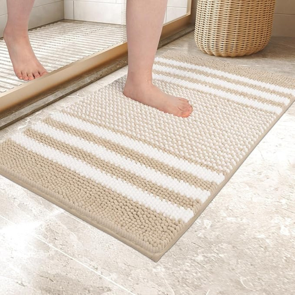 Tapis de bain en chenille rayée maille galet