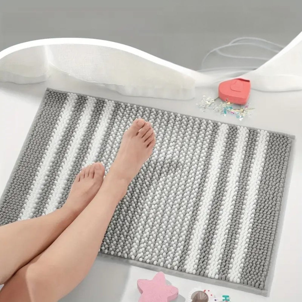 Tapis de bain en chenille rayée maille galet