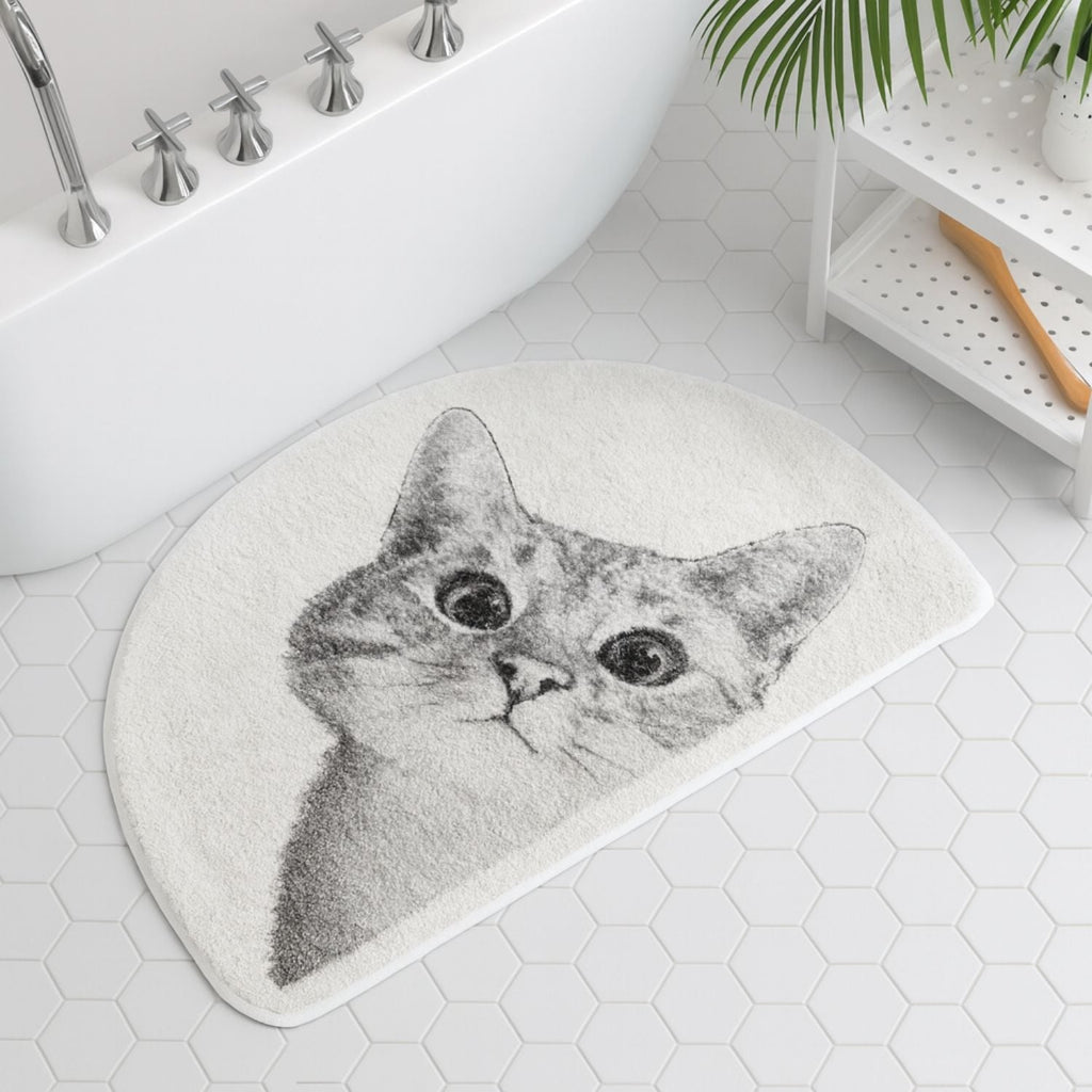 Tapis de bain chat curieux