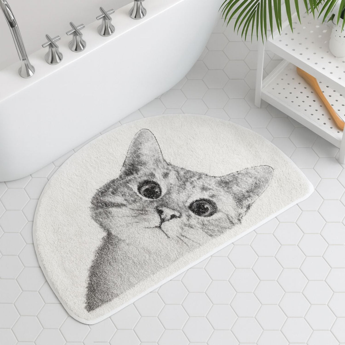 Tapis de bain chat curieux