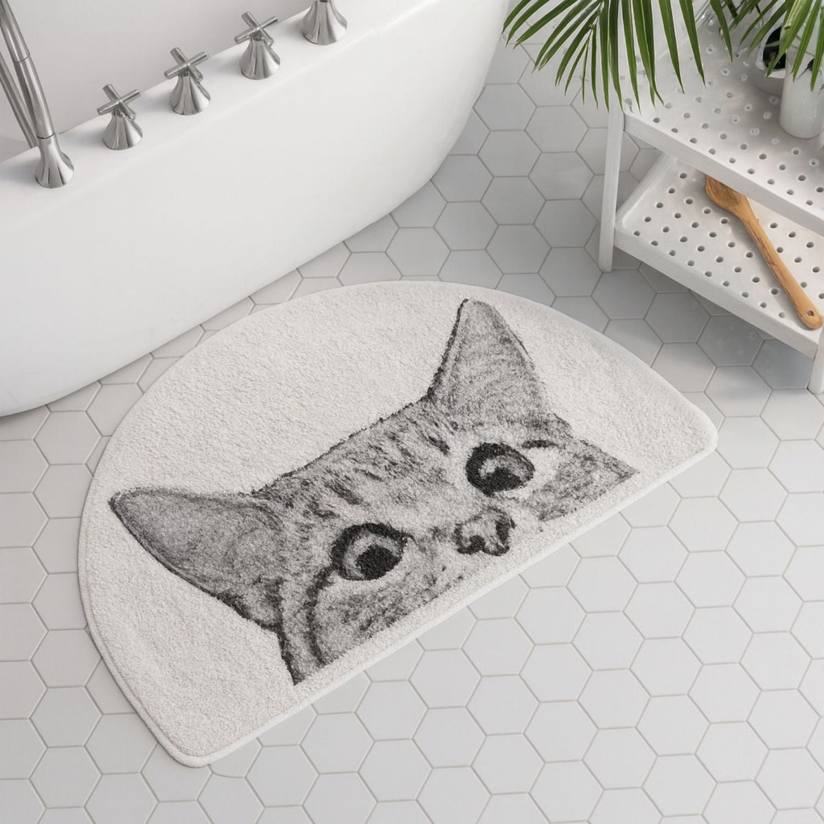 Tapis de bain chat curieux