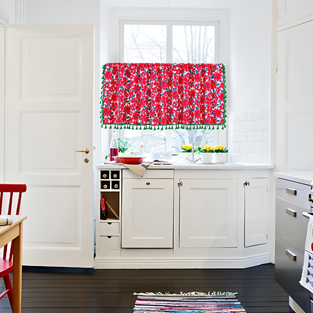 Rideau de placard en lin fleurs rouges