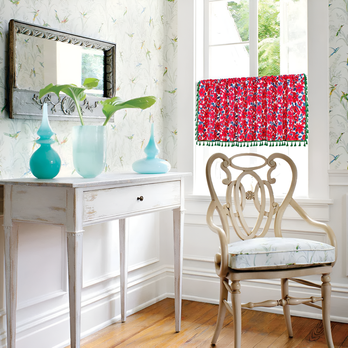 Rideau de placard en lin fleurs rouges