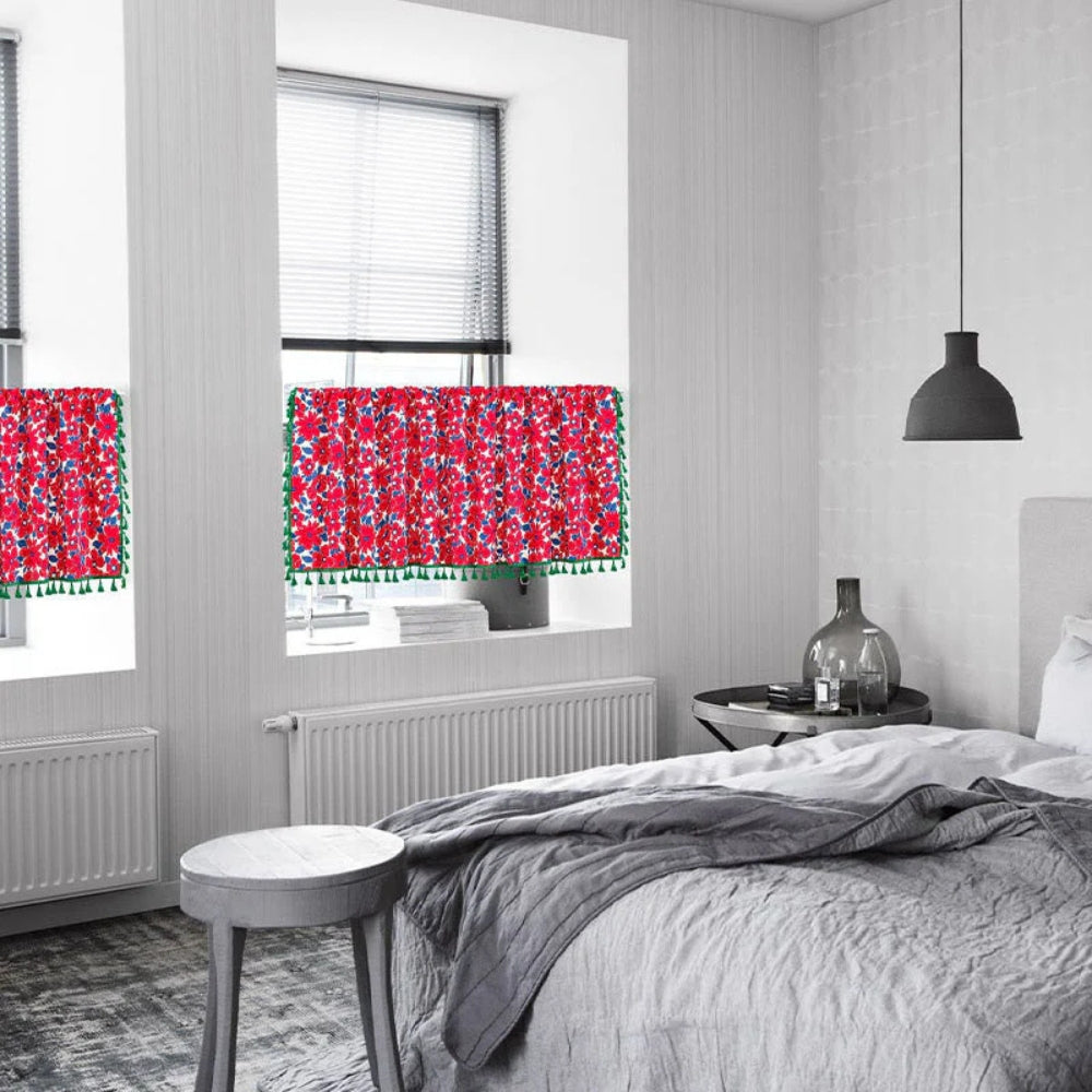 Rideau de placard en lin fleurs rouges