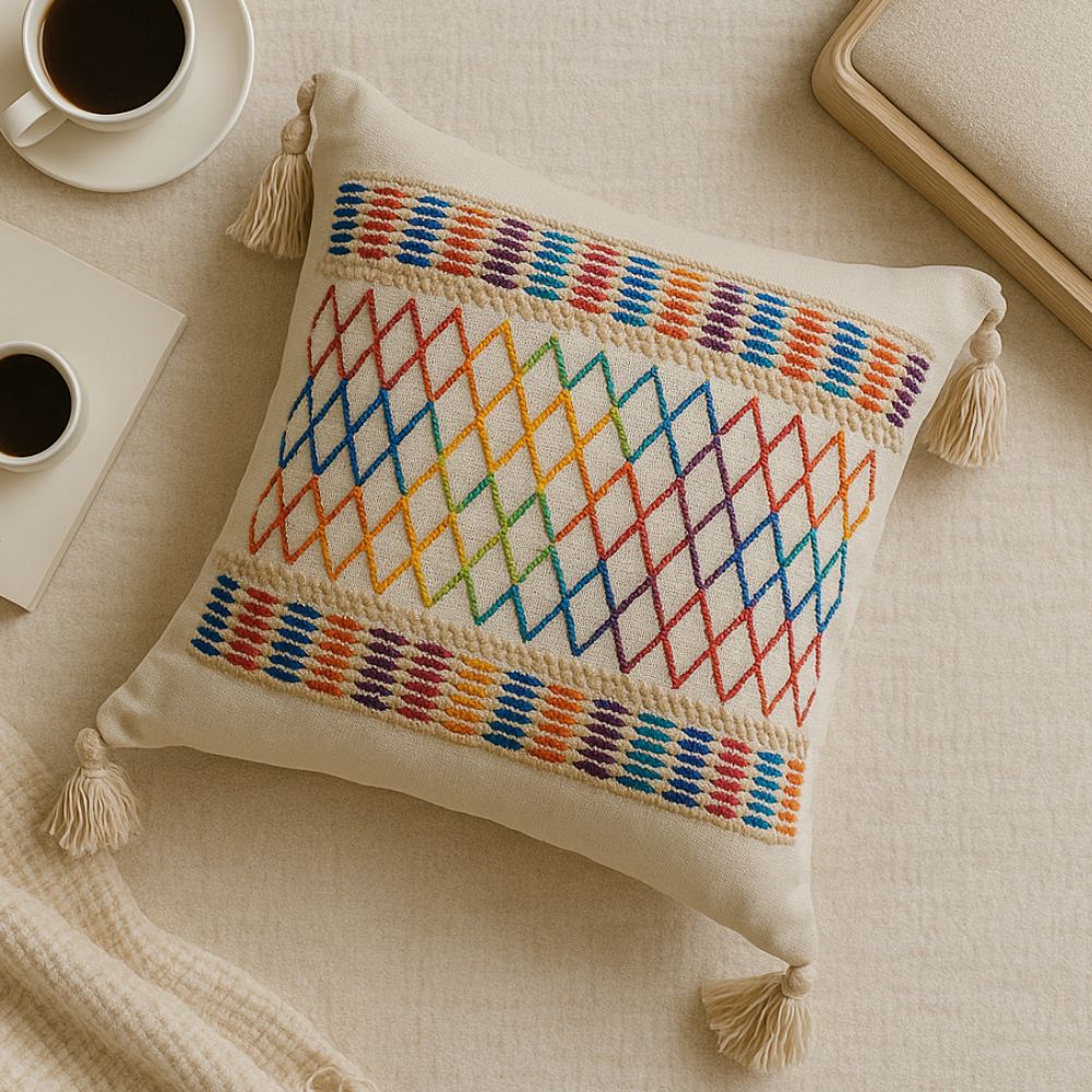 Housse de coussin arc-en-ciel à pompons