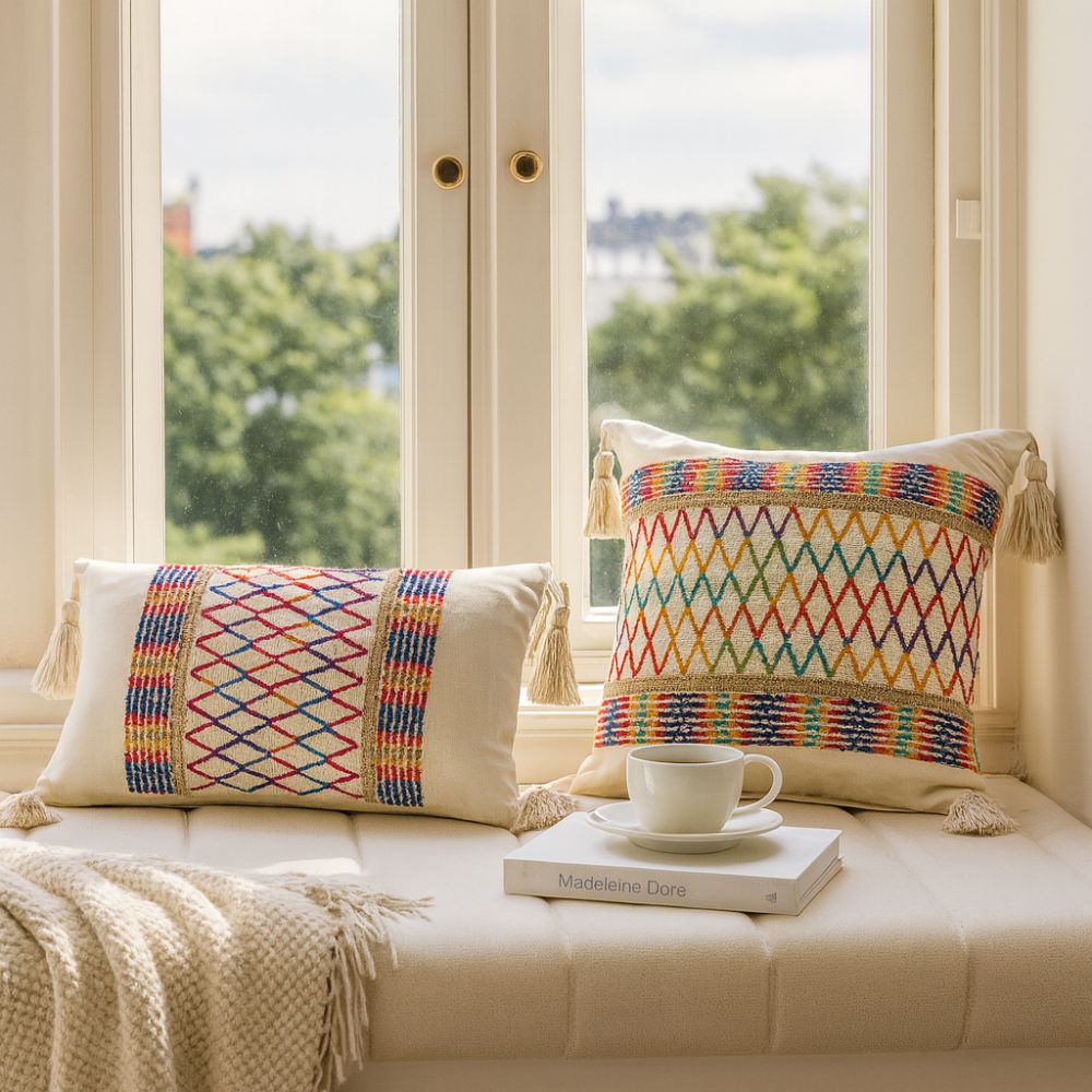Housse de coussin arc-en-ciel à pompons