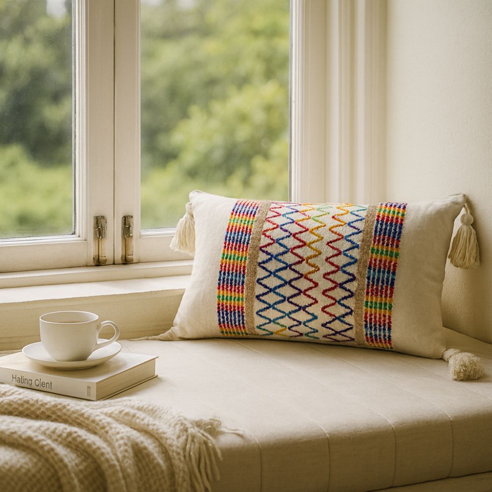 Housse de coussin arc-en-ciel à pompons