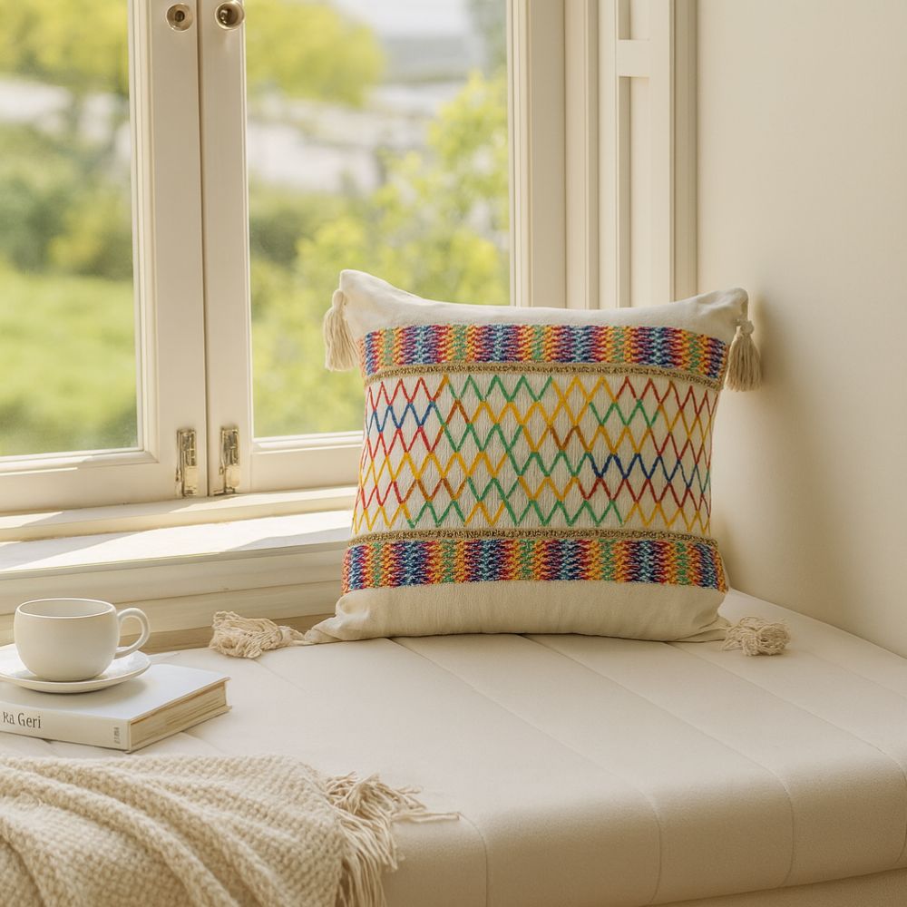 Housse de coussin arc-en-ciel à pompons