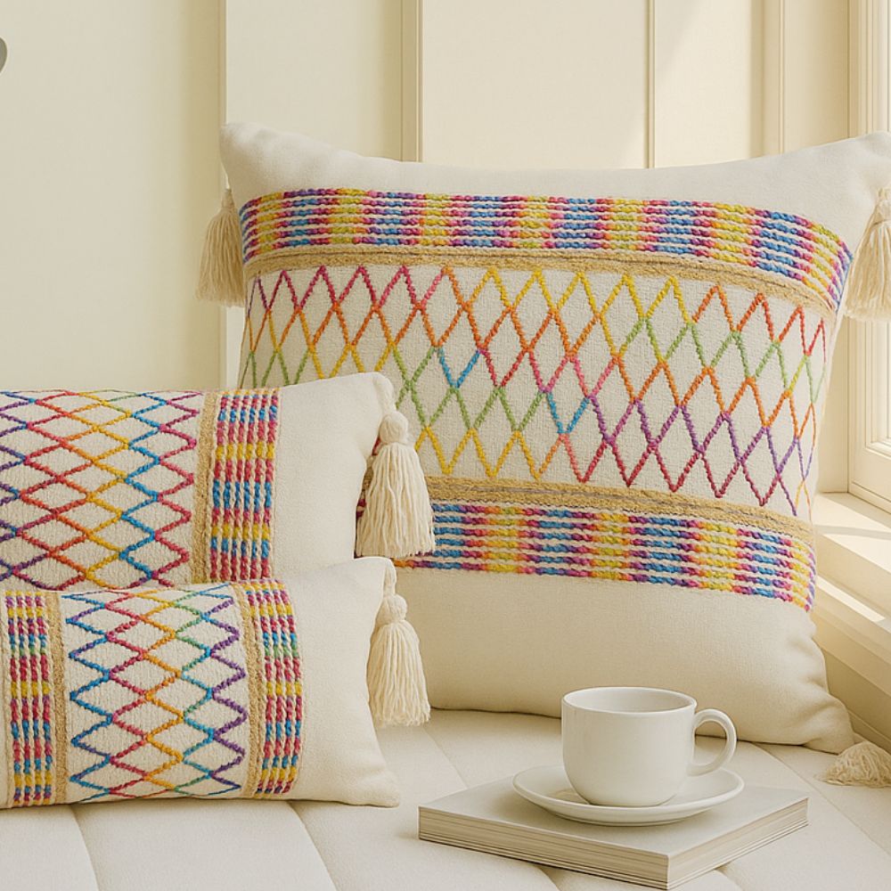 Housse de coussin arc-en-ciel à pompons – 11.8x20"