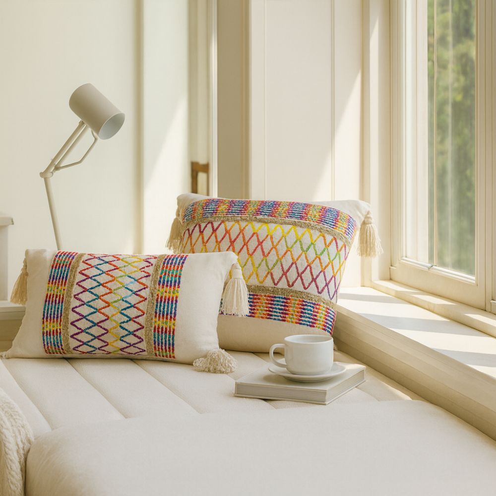 Housse de coussin arc-en-ciel à pompons