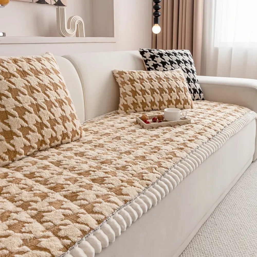 Housse de canapé et coussin pied-de-poule moelleux
