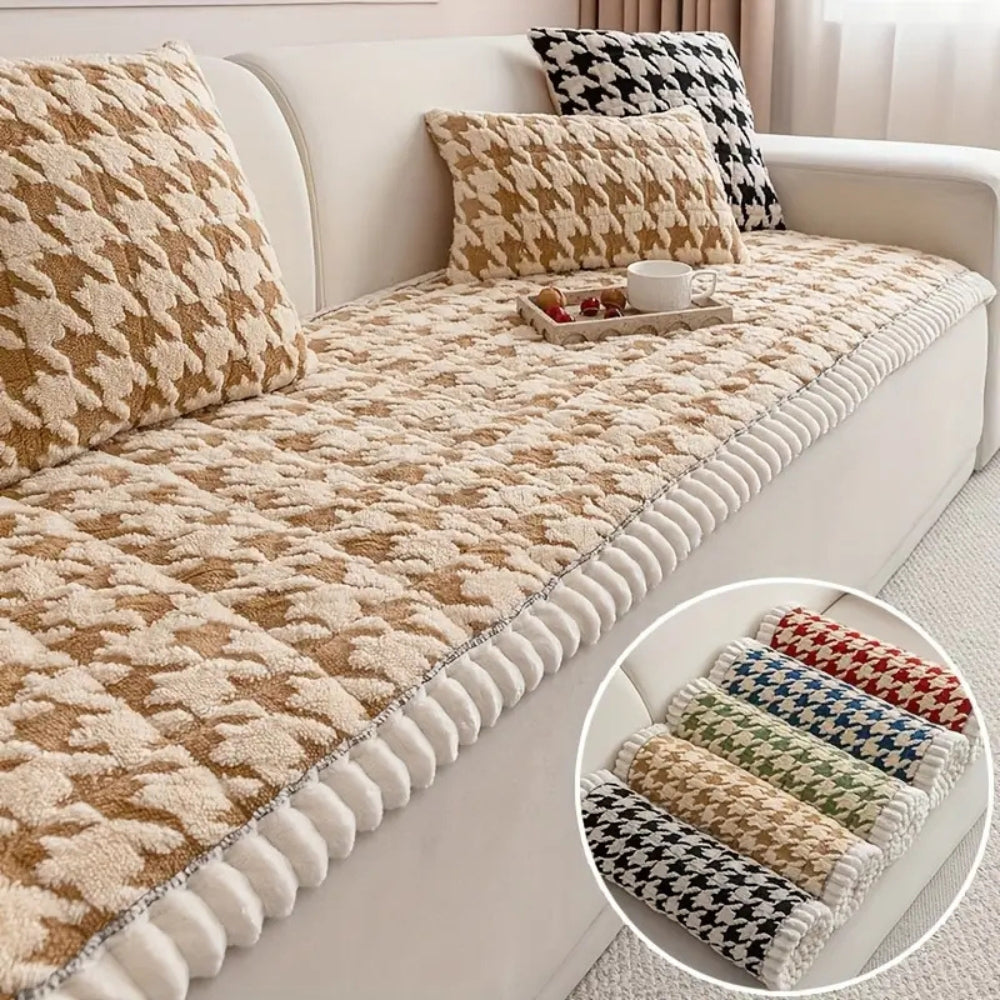 Housse de canapé et coussin pied-de-poule moelleux