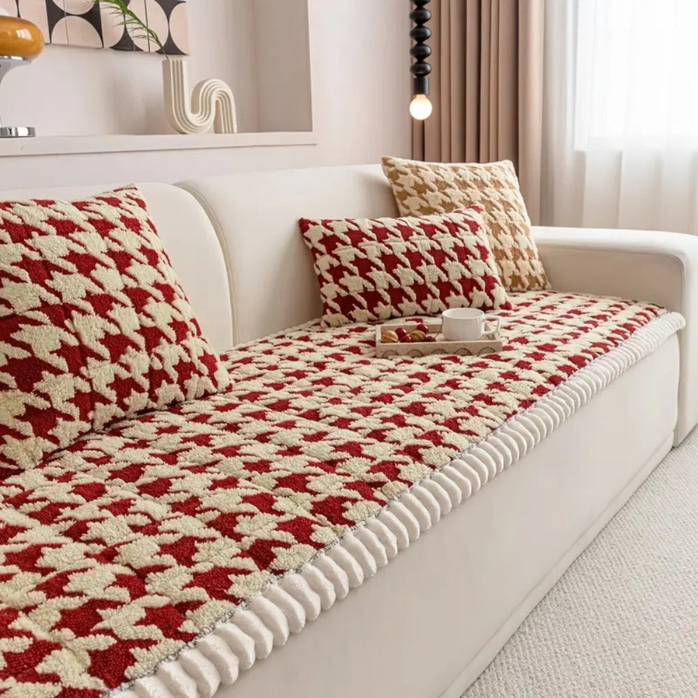 Housse de canapé et coussin pied-de-poule moelleux