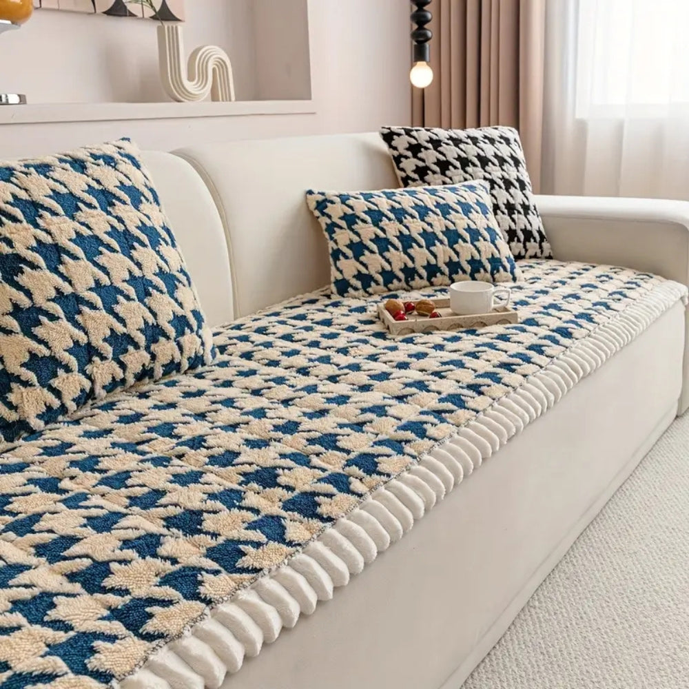 Housse de canapé et coussin pied-de-poule moelleux