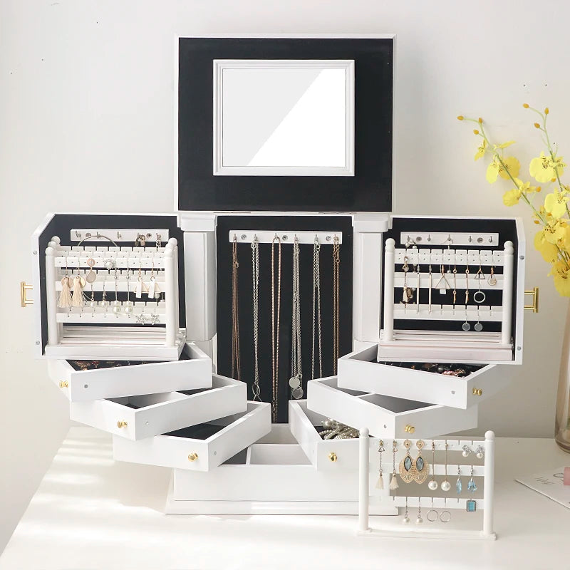 Grande Boîte À Bijoux En Bois Blanc Avec Miroir