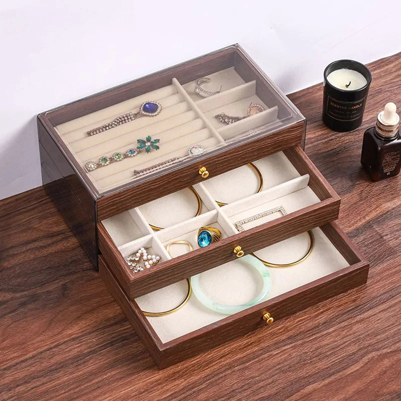 Boîte À Bijoux En Bois Foncé À Trois Tiroirs Transparente