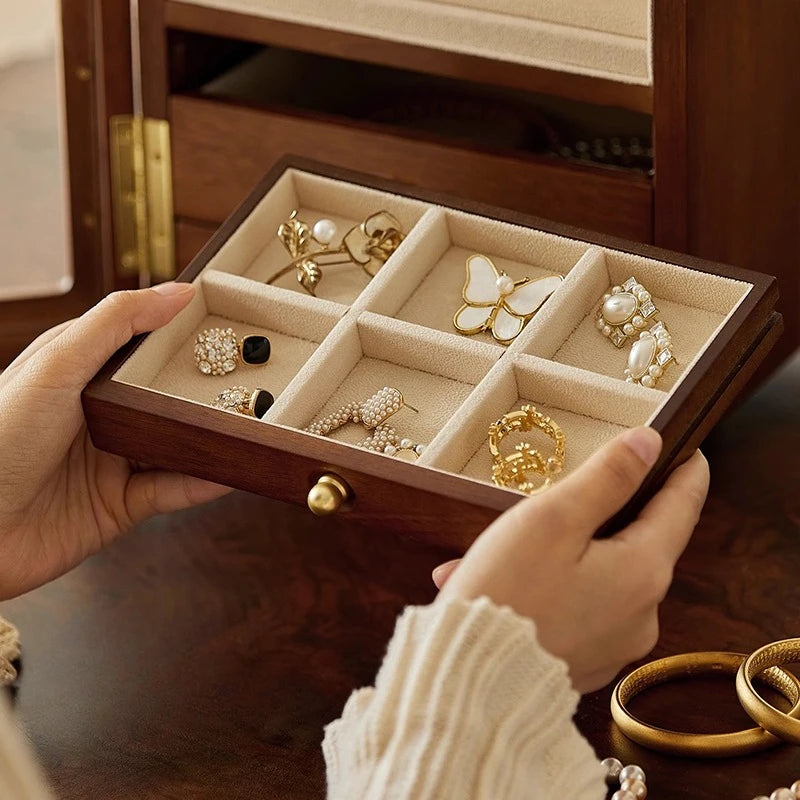 Boîte À Bijoux Rotative En Bois Foncé Avec Vitre Transparente