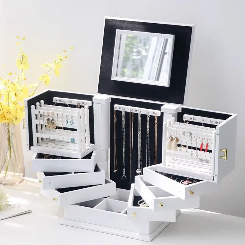Grande Boîte À Bijoux En Bois Blanc Avec Miroir