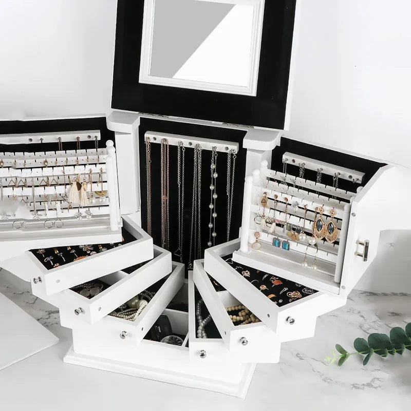 Grande Boîte À Bijoux En Bois Blanc Avec Miroir