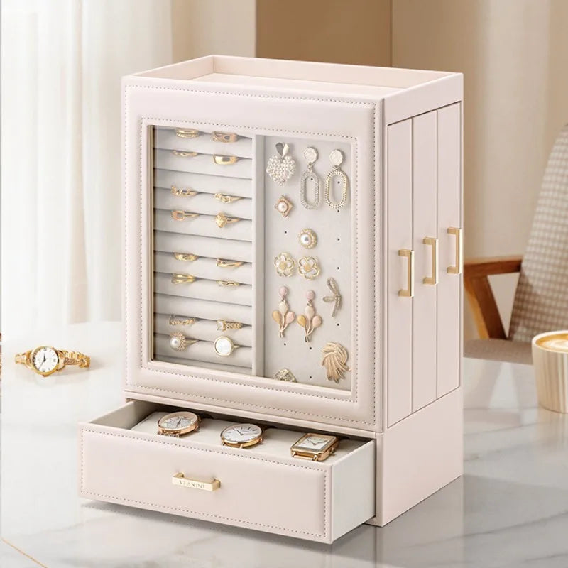 Boîte À Bijoux En Cuir Rose Avec Devant Transparent