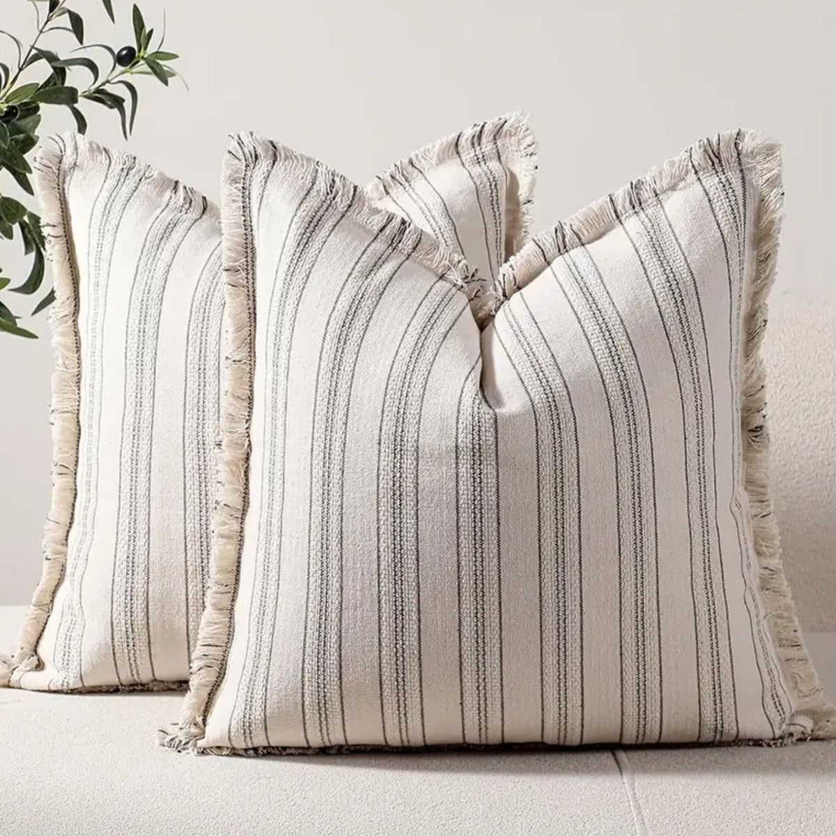 Housse de coussin texturée à franges rayures scandinaves