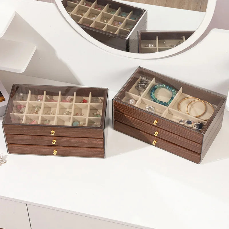 Boîte À Bijoux En Bois Foncé À Trois Tiroirs Transparente