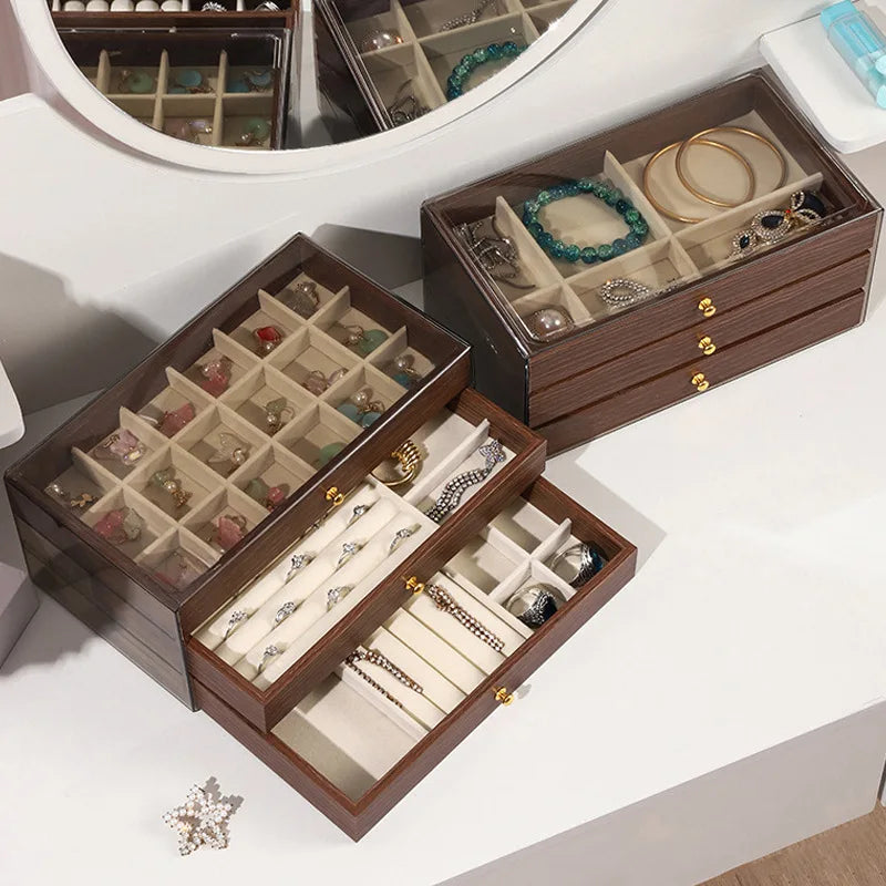 Boîte À Bijoux En Bois Foncé À Trois Tiroirs Transparente