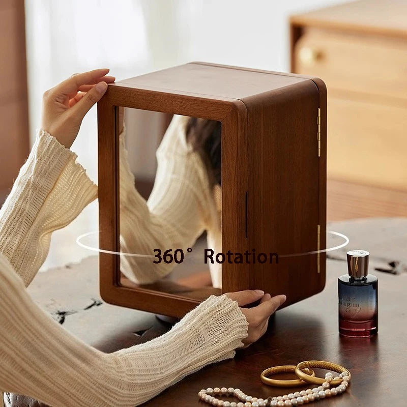 Boîte À Bijoux Rotative En Bois Foncé Avec Vitre Transparente