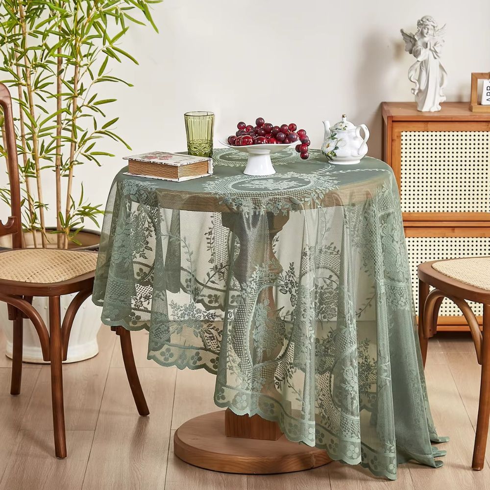 Nappe ronde en dentelle fleurie – Vert olive