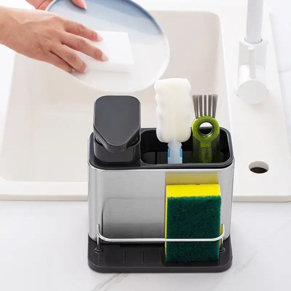 Distributeur de liquide vaisselle et porte-ustensiles en inox