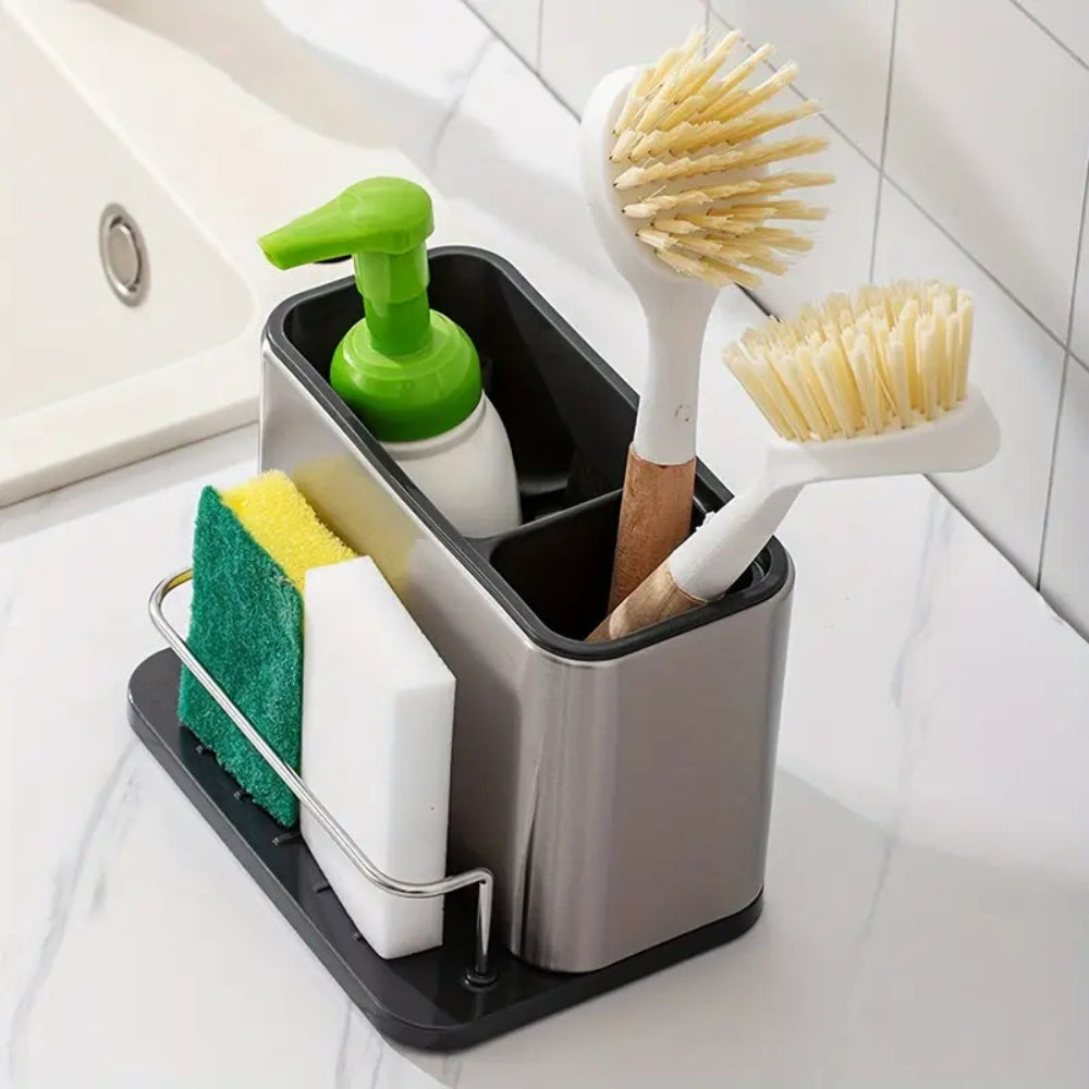 Distributeur de liquide vaisselle et porte-ustensiles en inox