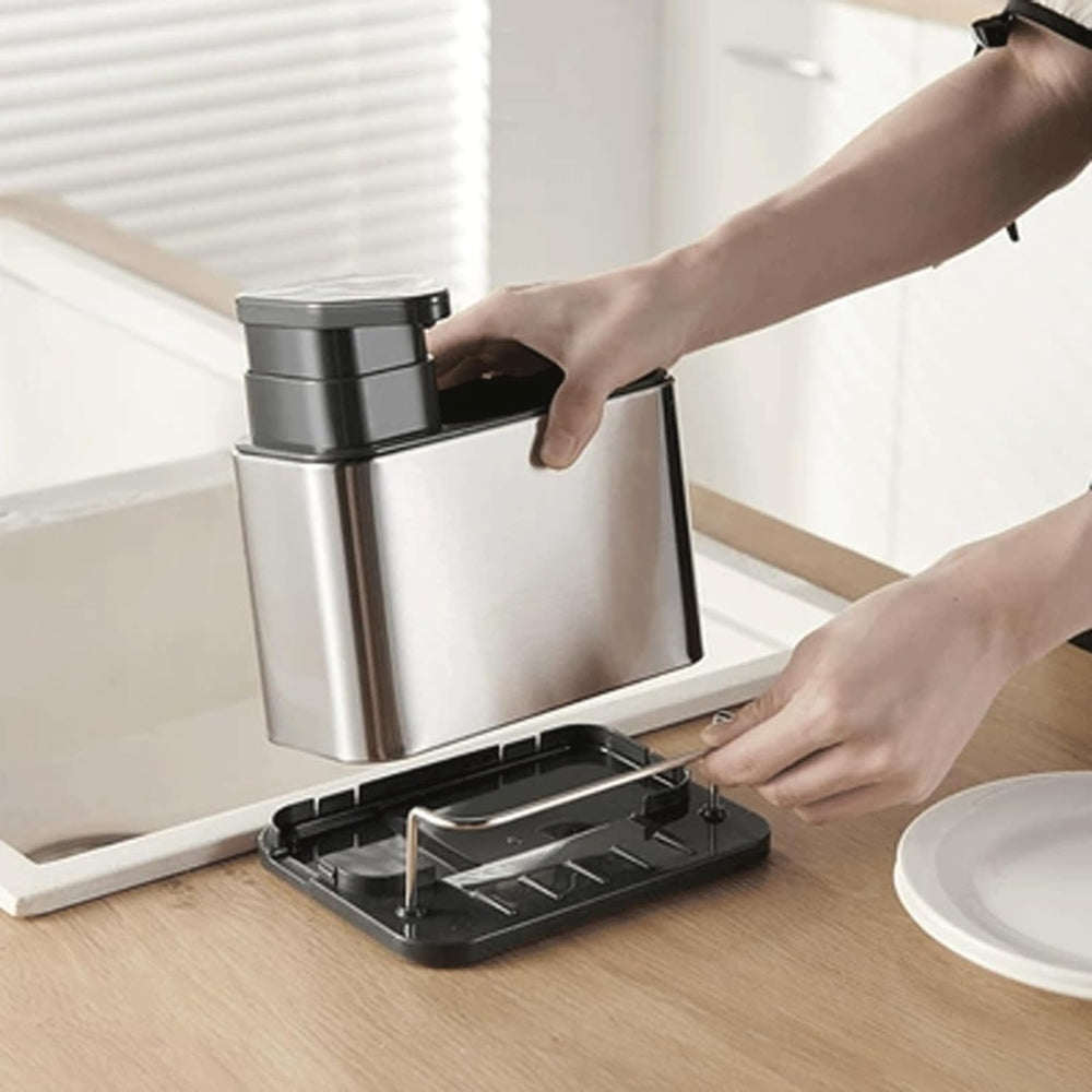 Distributeur de liquide vaisselle et porte-ustensiles en inox