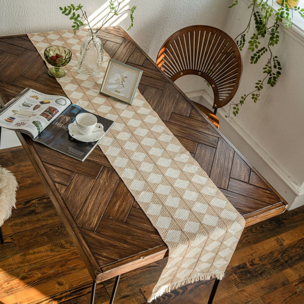 Chemin de table losanges à pompons – Anthracite Crème